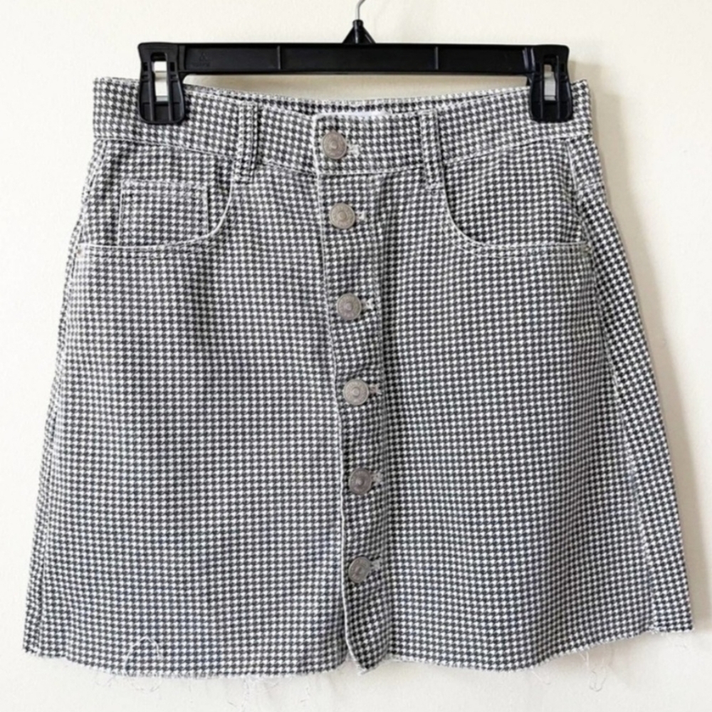 Zara Micro Houndstooth Black White Button Down Front Denim Mini Skirt Women's M